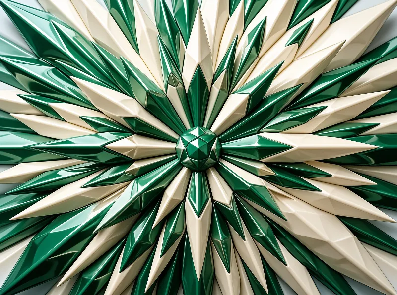 Polished emerald and cream shards radiate from a faceted green sphere in a glossy sunburst pattern.