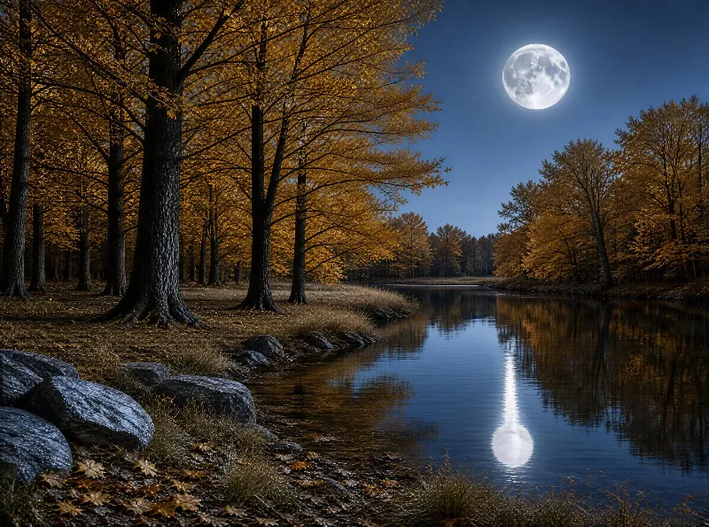 Autumn Night by the Lake with Full Moon