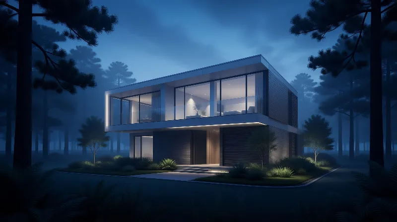 Modern Forest House at Night