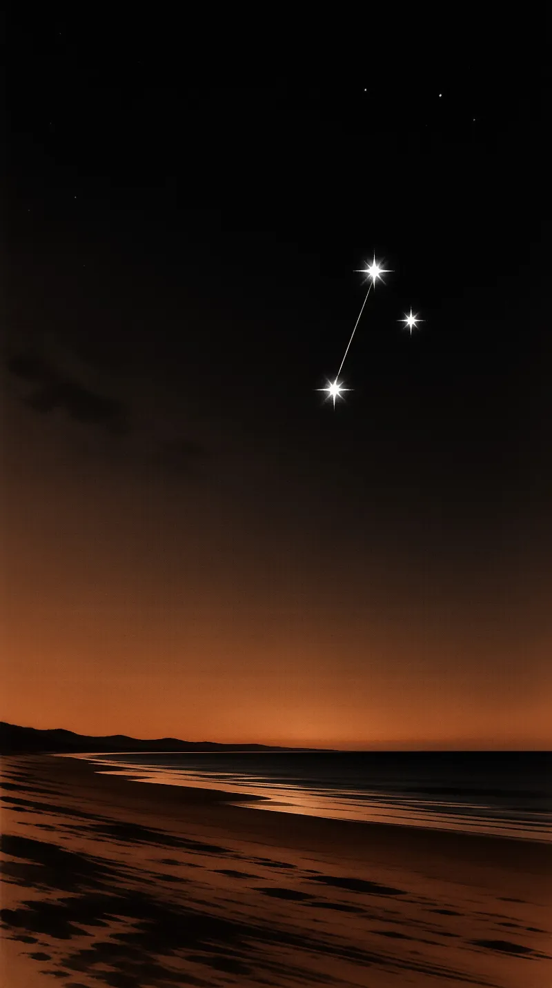 Bright stars sparkle over a dark night sea while the horizon glows warm orange across the wet sand.