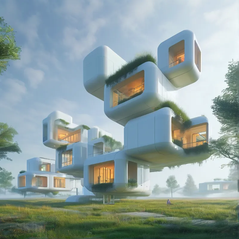 Interlocking white structures with greenery rest above a misty field, glowing with warm interior light under a soft sky.