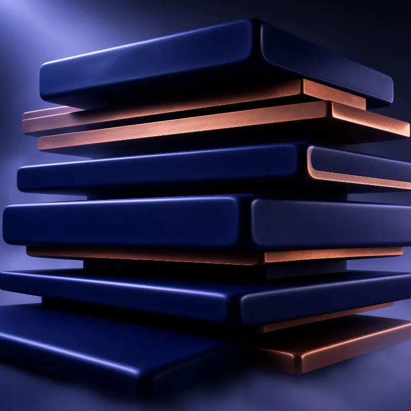 A stack of thick rectangular plates alternates between deep blue and copper tones under soft lighting.