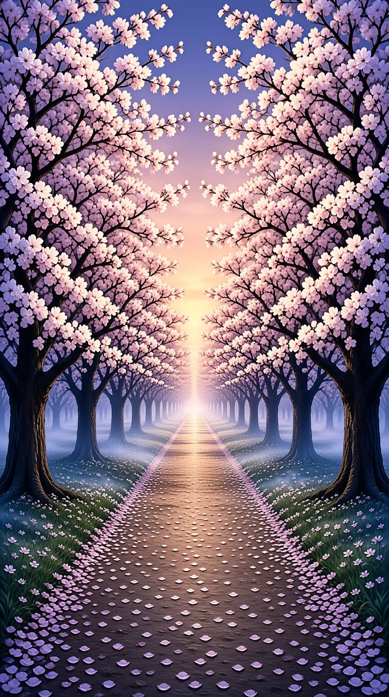 Symmetrical rows of pink flowering trees line a petal scattered road vanishing into a bright horizon under a gradient sky.