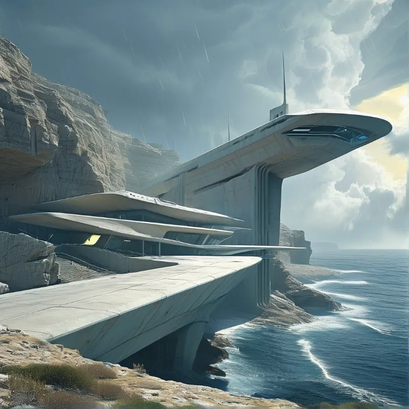 Large white architecture cantilevered from a steep rocky cliff overlooking a vast blue ocean under dramatic cloudy skies.