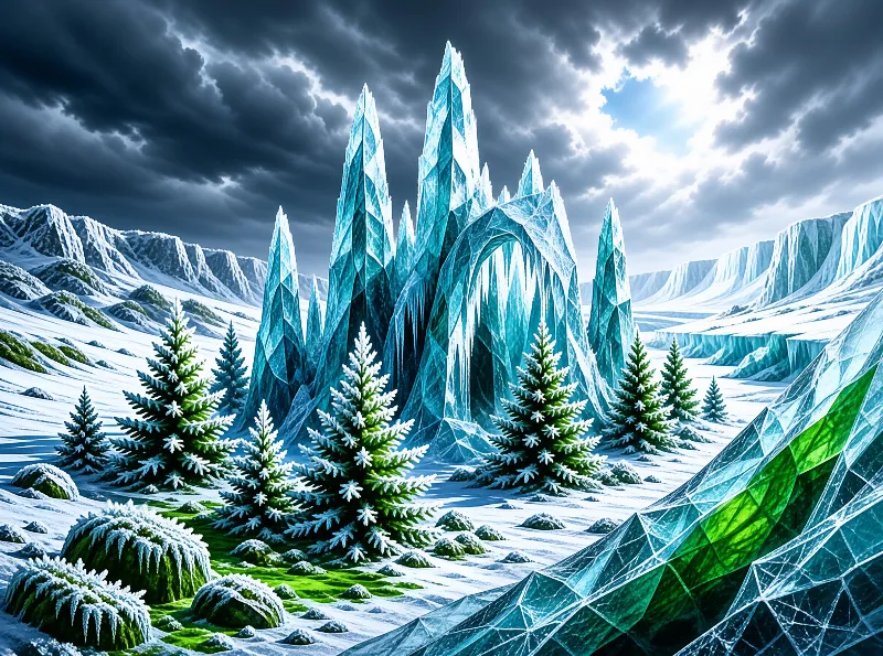 Large blue ice structures rise from a snowy landscape dotted with frosted pine trees beneath a dramatic cloudy sky.