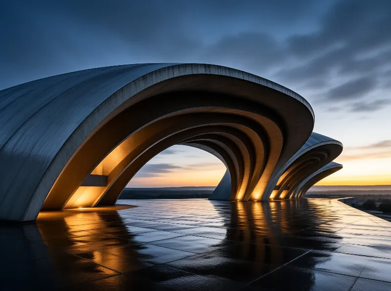 Layered concrete arches glow warmly against a fading blue sky while the wet ground mirrors their shape.