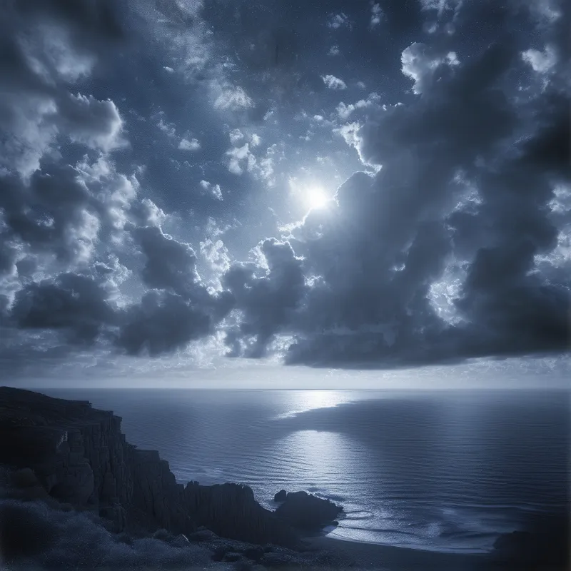 Dark blue seascape with rugged coastal cliffs and a bright sun shining through heavy clouds reflecting on calm water.