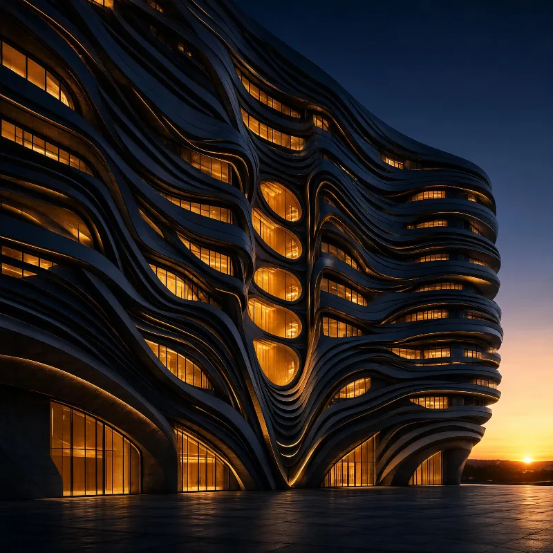 Modern Wave - shaped Building at Dusk