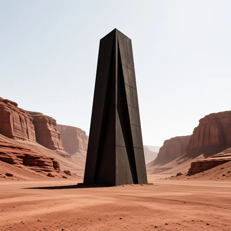A tall dark geometric structure rises from the sandy ground surrounded by reddish canyon walls beneath a pale washed-out sky.