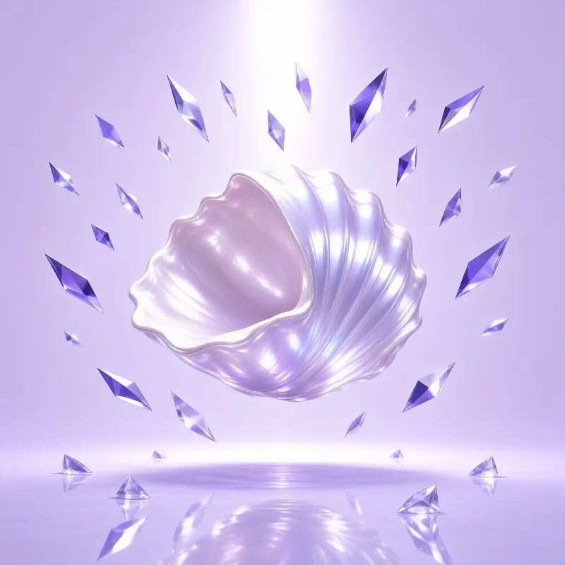 A glowing shell floats in a lavender space surrounded by sharp purple crystals reflecting on the smooth surface below.