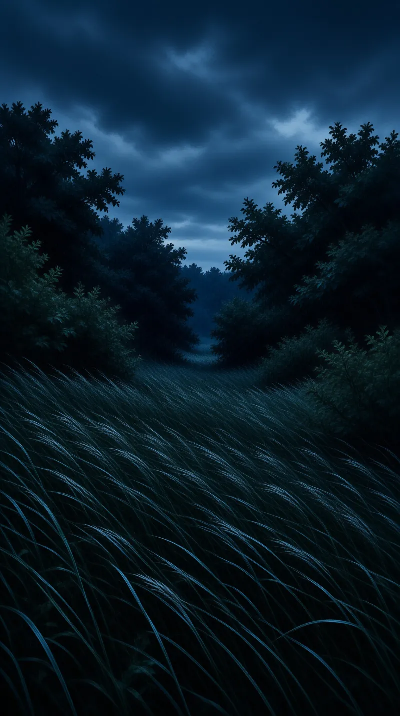 Silvery grass blades ripple across a dark foreground while trees frame a cloudy blue sky.