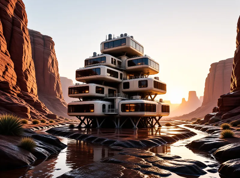 Stacked white modules form a building on stilts within a narrow gorge featuring red rock walls and a shallow stream.