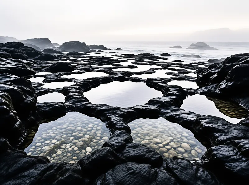 Rain-filled hollows in dark volcanic rock mirror a pale sky, revealing smooth pebbles beneath each still pool.