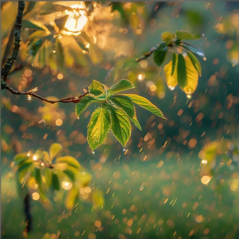Fresh green leaves hang from a slender branch while warm golden sunlight filters through the foliage and fine raindrops fall through the air.