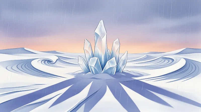 Sharp blue ice formations stand in a white wind swept field under a soft orange and purple sky.