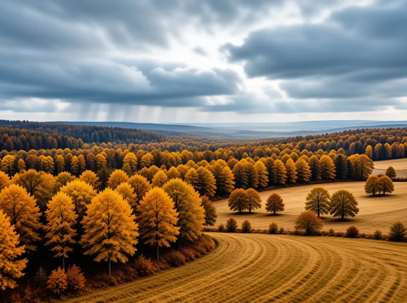 A wide landscape view shows a vast forest of bright yellow trees covering rolling hills under a heavy grey sky with sunbeams breaking through in the distance. The foreground features plowed fields with curved lines leading the eye toward the dense woodland and distant mountains.