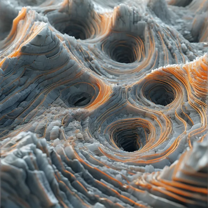 Rocky layered alien crater terrain with concentric grey strata and bright orange ridge highlights