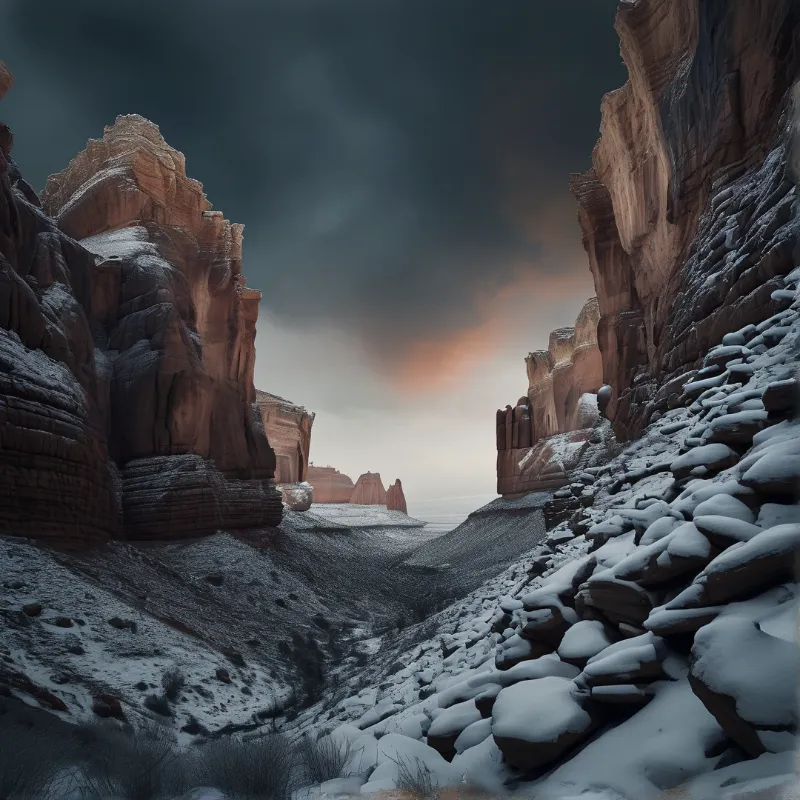 Wide snowy eroded red sandstone canyon extends toward a far horizon under dark storm clouds with warm orange sunset light.