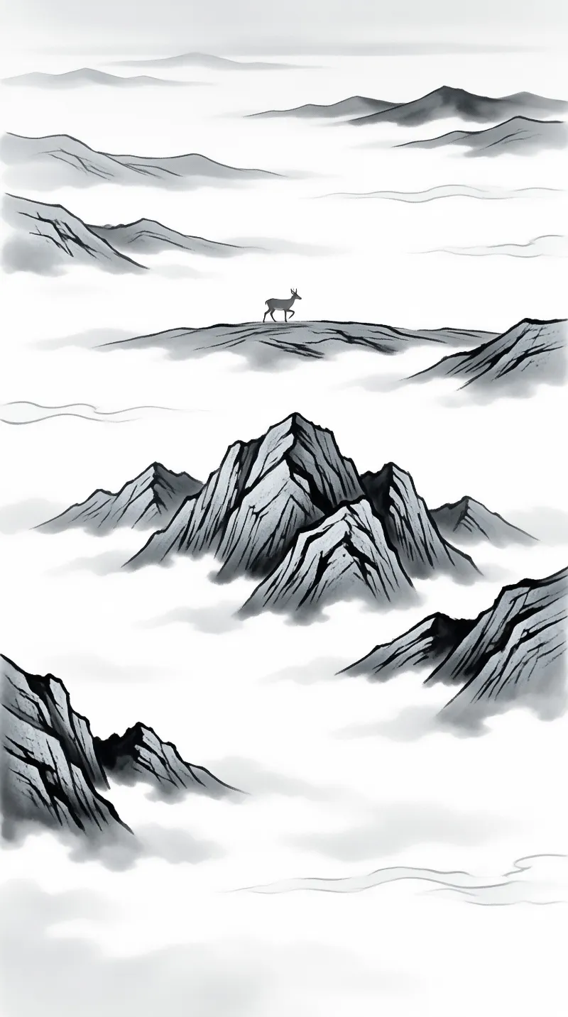 A small deer stands on a ridge surrounded by layered mountain ranges and flowing mist in this grayscale ink wash landscape.