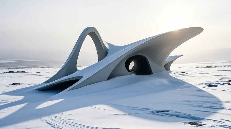 A futuristic white curved structure stands on a vast snowy landscape under soft light casting long shadows across the ice.