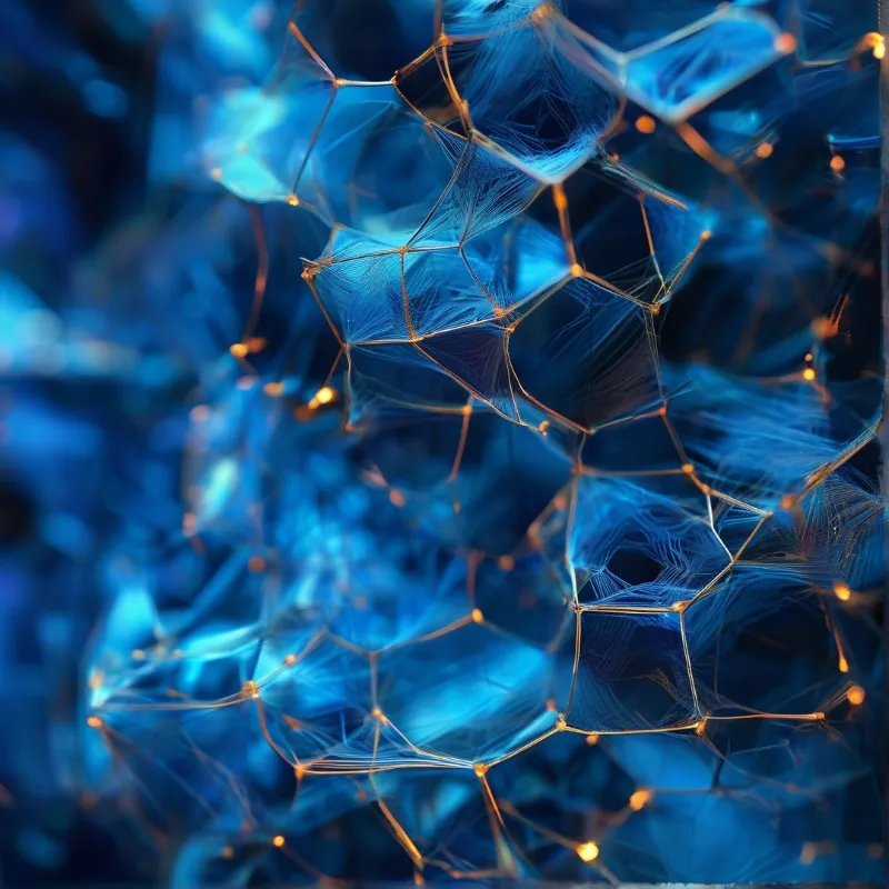 A complex web of blue translucent facets connected by thin golden lines glows against a dark blurred background.