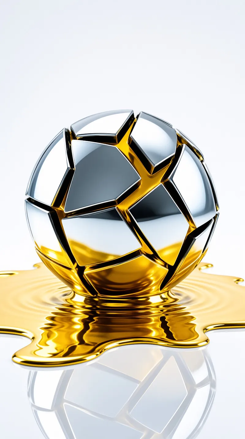 A polished metallic football sits partially submerged in a pool of molten gold with ripples spreading across a white surface.
