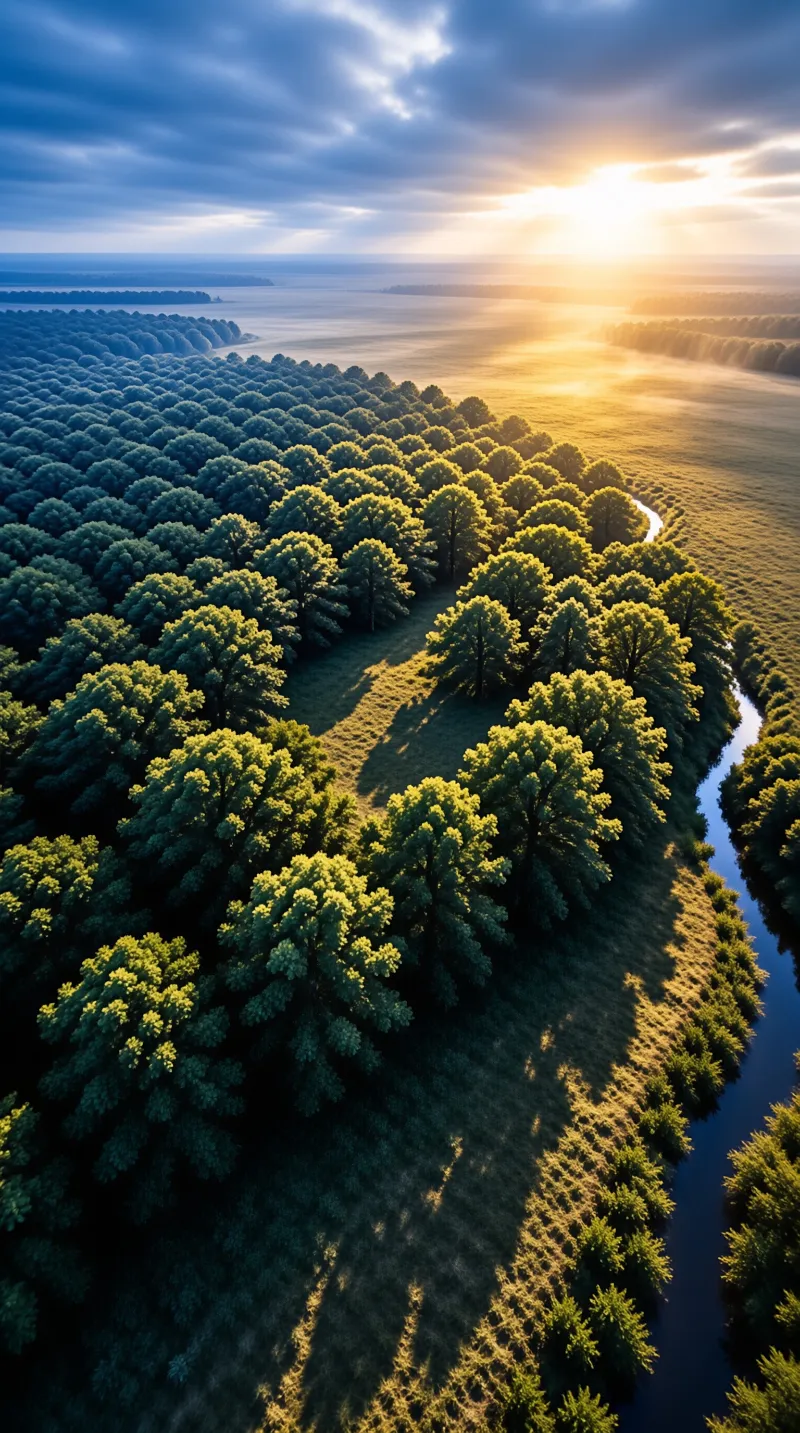 Golden morning light sweeps across a dense green woodland split by a narrow winding river