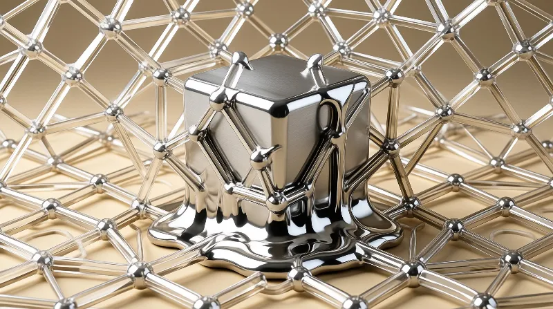A liquid metal block melts into a shiny puddle while resting on a gold and silver geometric wireframe lattice.