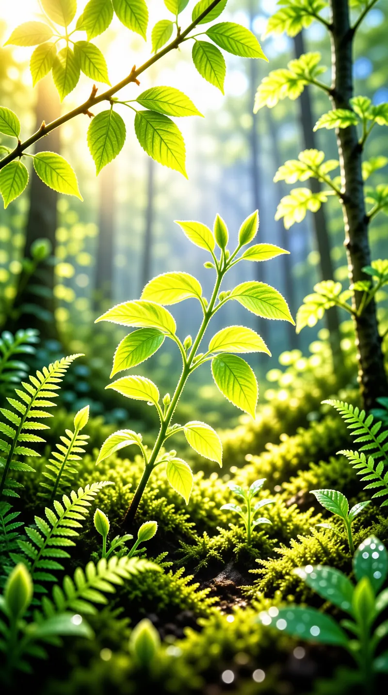 A young tree with bright green leaves rises from soft moss as sunlight filters through the forest behind it.