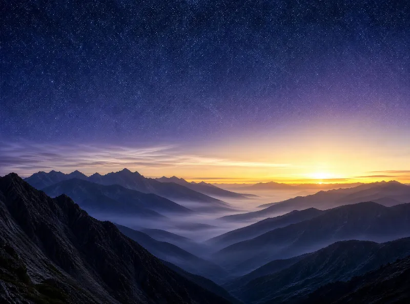 Mountain Sunrise with Starry Sky