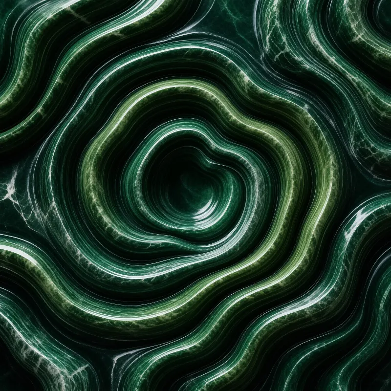 Deep emerald and dark green swirled marble flows in concentric curved patterns streaked with bright off-white mineral veins.