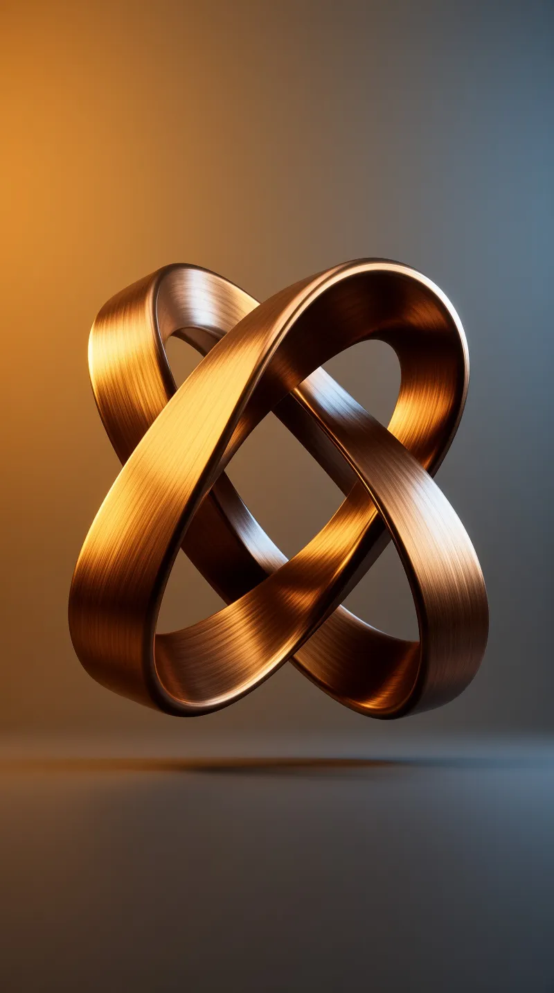 A glossy interlocking copper band sculpture floats above a smooth surface with soft warm and cool gradient lighting.