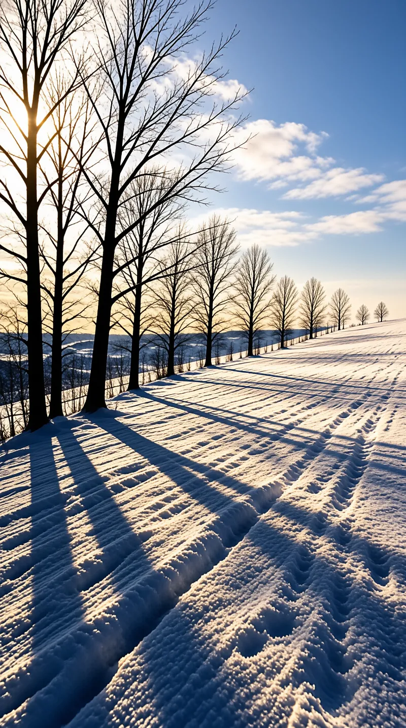 Leafless trees stand in a row on a snowy slope as low sunlight casts long shadows across the white landscape.