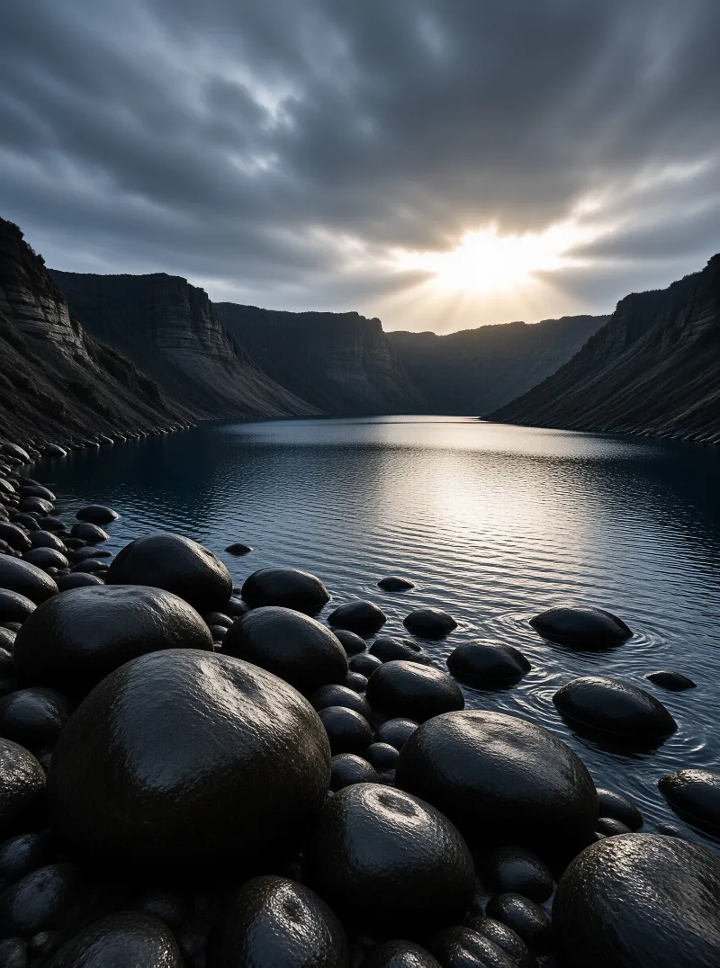 Wet black boulders line a calm dark lake surrounded by steep mountains as sunlight breaks through clouds.