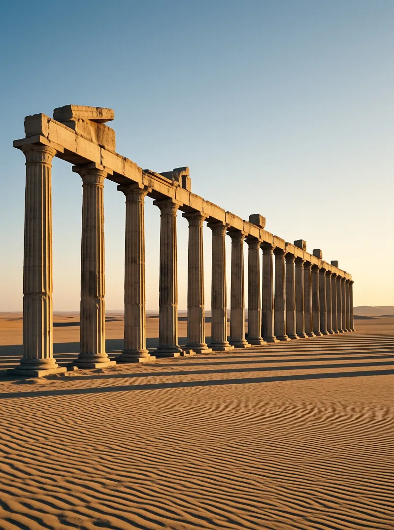 Ancient fluted columns line the horizon casting sharp shadows across the rippled desert floor.