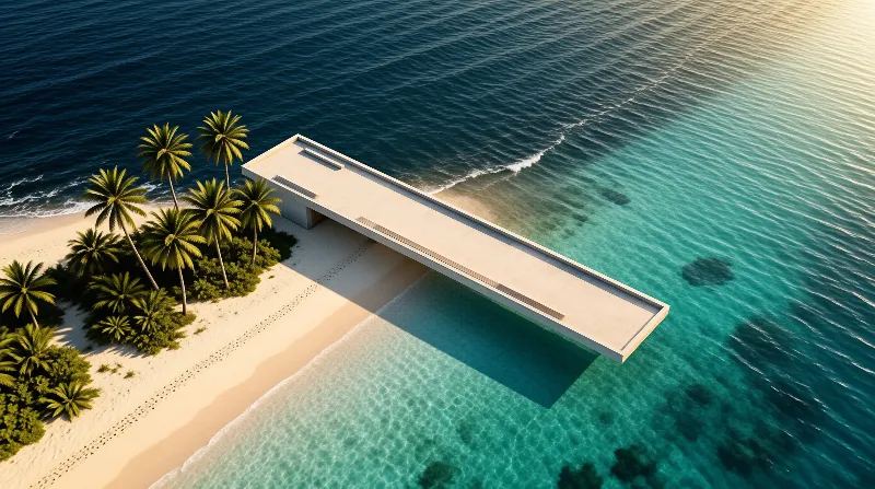 A long white structure stretches from a palm-lined sandy beach over the gradient blue waters of a calm tropical ocean.