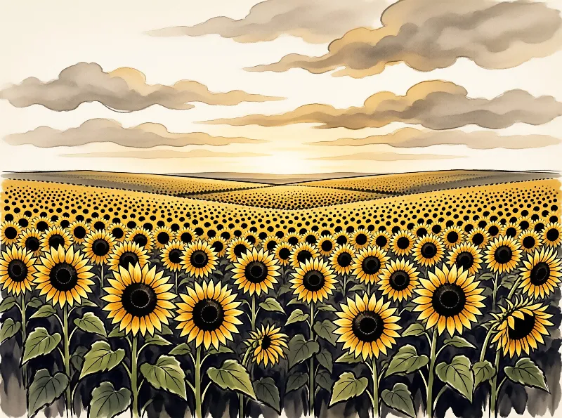 A painted landscape shows rows of yellow sunflowers stretching toward hills under a sky with grey and gold clouds.