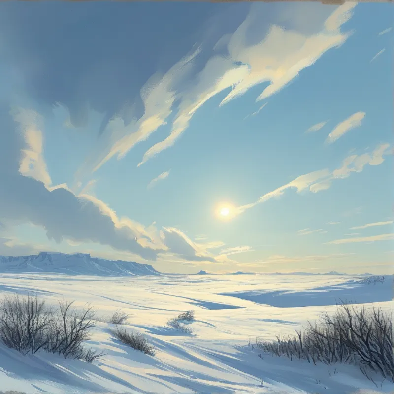 A wide snowy landscape features a bright sun shining through wispy clouds above distant mountains and leafless bushes.