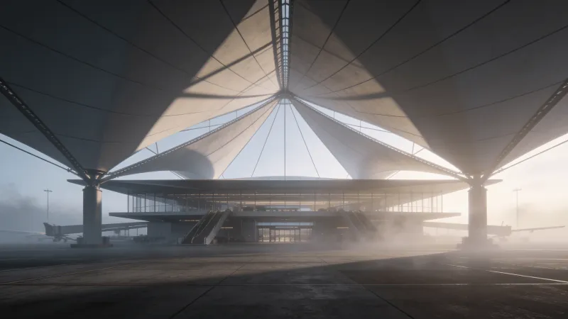 Terminal with Tensile Structure — Foggy Morning