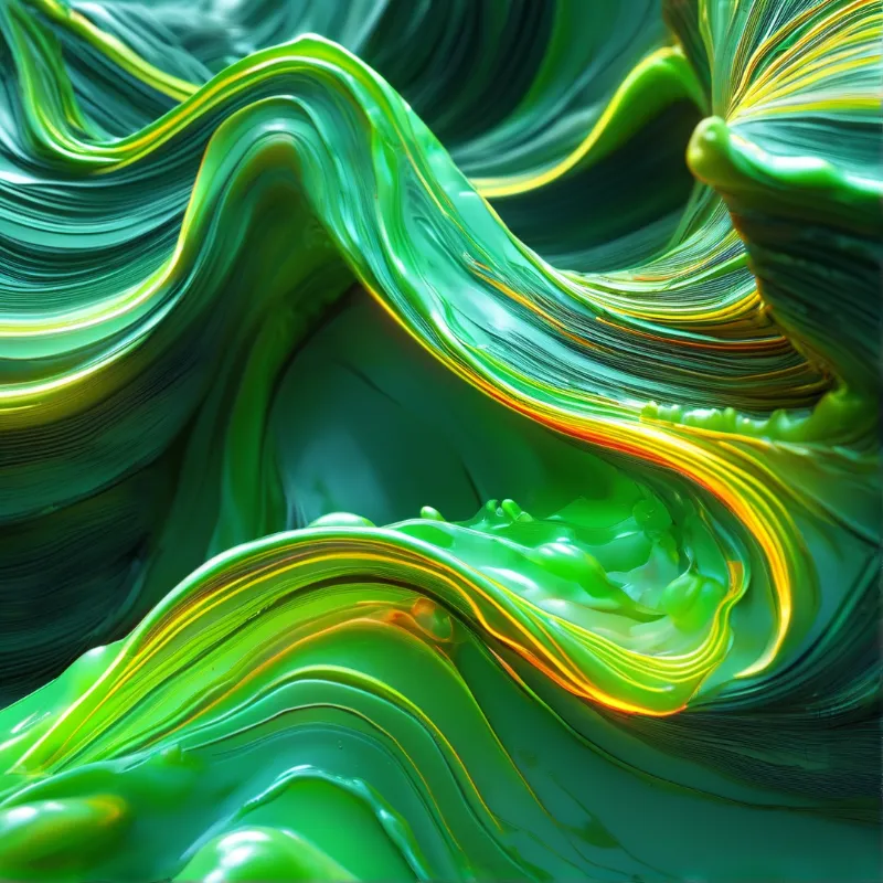 Glossy lime green liquid curving in flowing organic shapes with bright thin gold streaks catching soft light