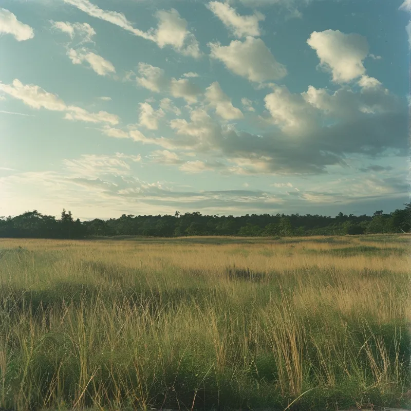 A wide expanse of tall yellow and green grass leads to a dark tree line beneath a bright blue sky with fluffy white clouds.