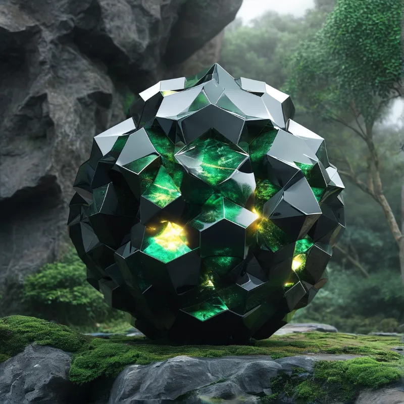 A chrome and emerald polyhedral orb rests on moss-covered rocks inside a misty forest clearing.