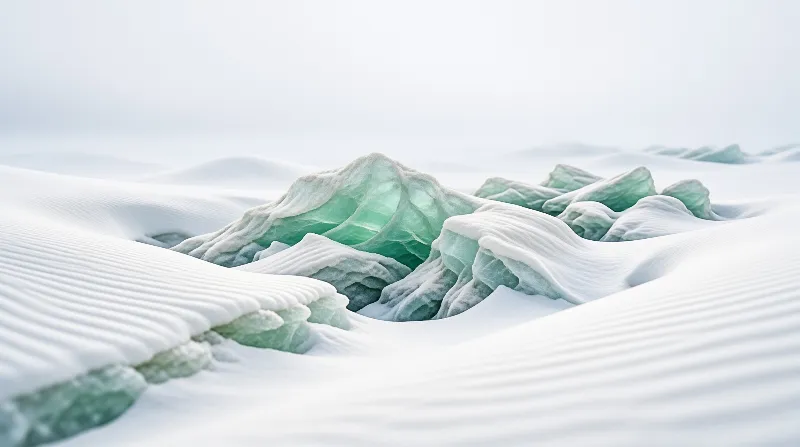 Translucent green glacier ice rises in jagged ridges from wind rippled white snow under a pale sky.