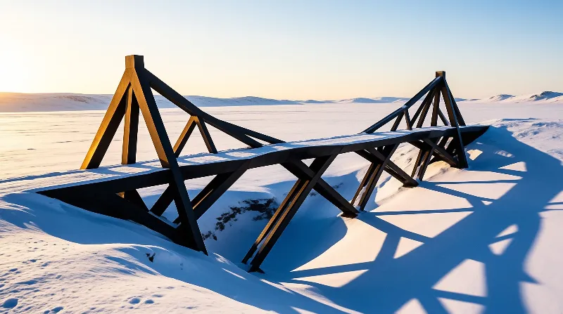Dark steel bridge spans snow flats, warm dawn light glows on its left supports, long blue shadows fall on the white ground.