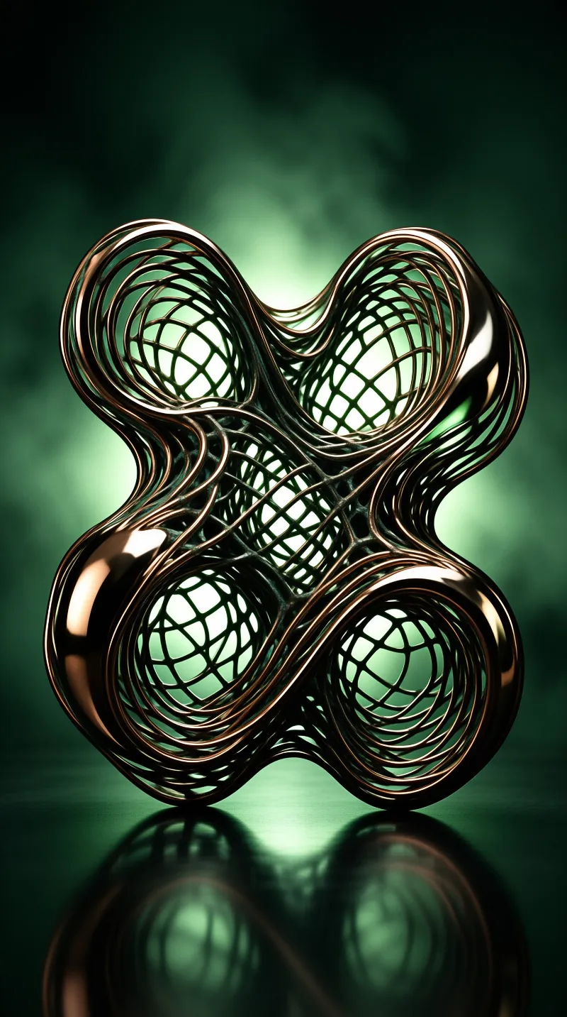 Abstract metallic wireframe object with four rounded lobes glowing from within a dark emerald environment.