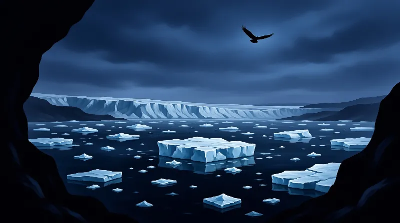 A solitary bird flies above a fragmented iceberg in dark blue water, framed by dark cliffs and a distant ice shelf.