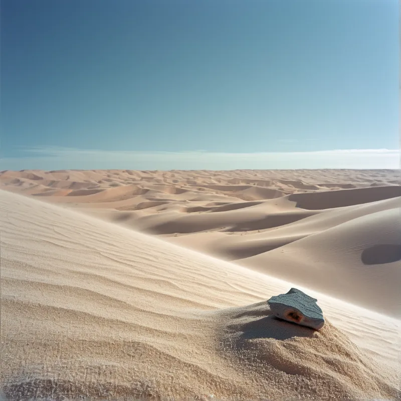 A dark fragment rests on the sandy slope of a dune, with rolling hills stretching toward a cloudless horizon under sunlight.