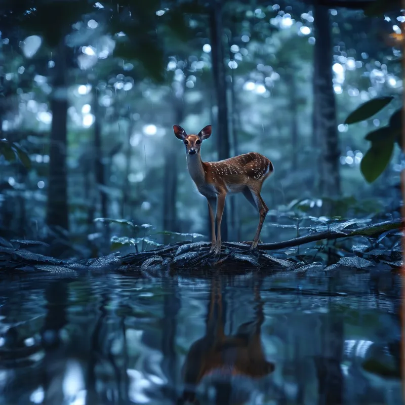 A juvenile fawn poses on a submerged trunk within a shadowy blue woods featuring mirror-like water.