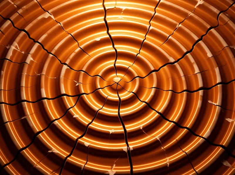 A close-up view of a fractured surface revealing intense orange light radiating through concentric patterns behind dark fissures.