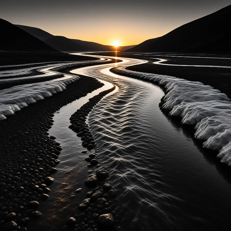 Dark terrain surrounds a meandering stream reflecting golden sunlight near the distant horizon.